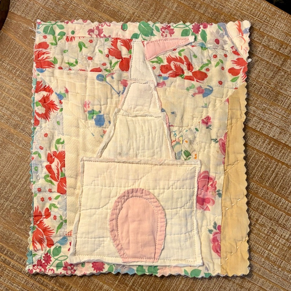 Handmade Fabric Castle Quilt Block Floral Cottagecore Patchwork Decor